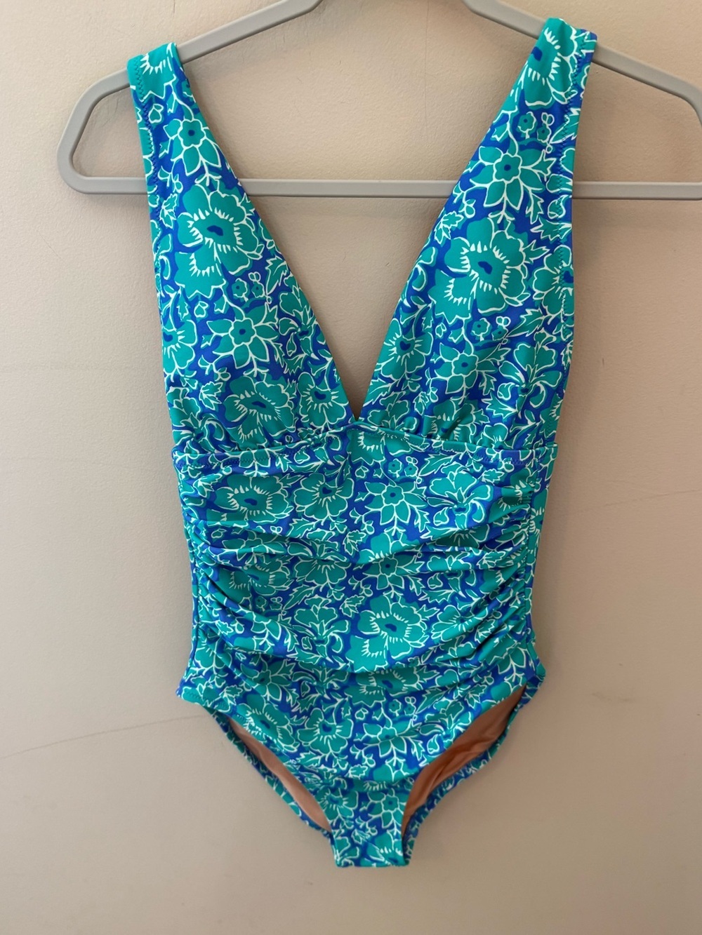 J. Crew Ruched V-Neck One-Piece Swimsuit green blue print size S